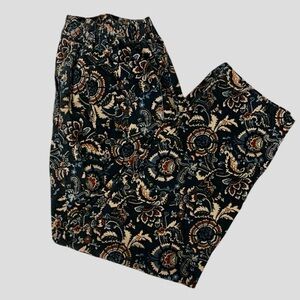 LOFT Navy Blue and Brown Straight Leg Pants with Ornate Pattern